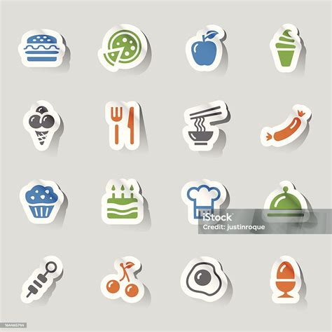 Stickers Food Icons Stok Vektör Sanatı And Makarna‘nin Daha Fazla Görseli