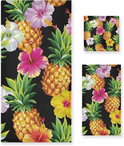 Wellsay Pineapple Bath Towel Set Of 3 Absorbent Soft Bathroom Towel