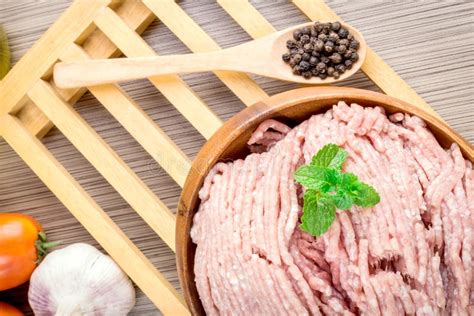 Raw Ground Meat In Wood Bowl Stock Image Image Of Cooking