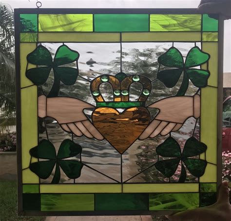 Irish Claddagh Ring Leaded Stained Glass Window Panel