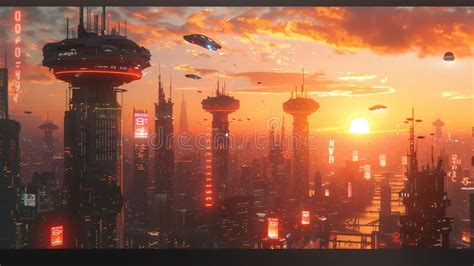 Futuristic City Skyline With Flying Cars At Sunset Stock Illustration