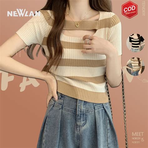 Jual Newlan ZZ061 Korean Stripped Short Sleeve Collar Kemeja Crop Top