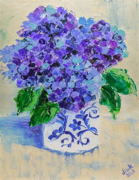 Hydrangea Original Oil Painting Chinoiserie Wall Art Blue Hydrangea