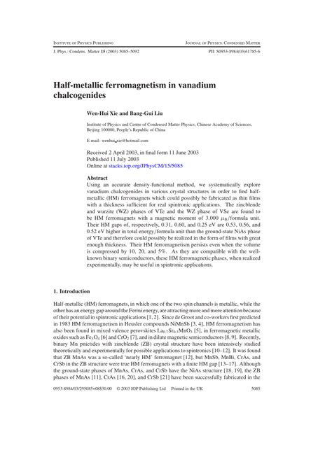 Pdf Half Metallic Ferromagnetism In Vanadium Chalcogenides