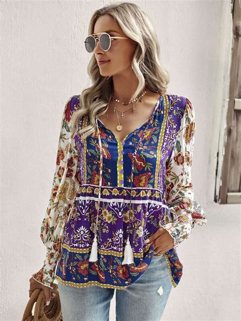 Shein Lune Allover Floral Print Tassel Tie Neck Lantern Sleeve Peplum