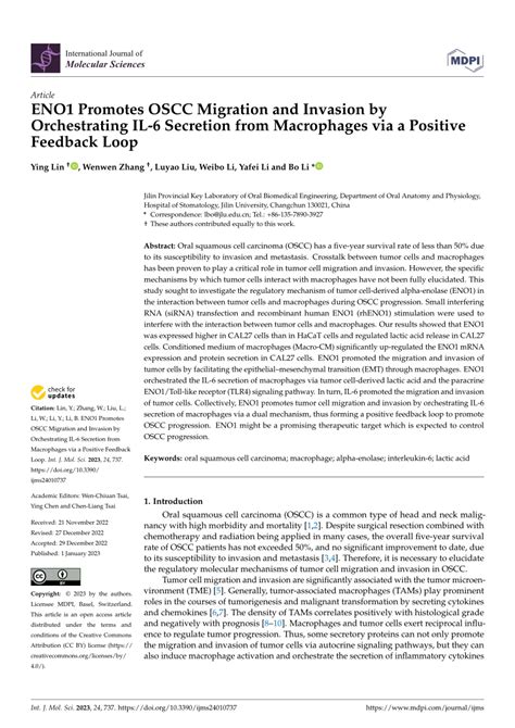 PDF ENO1 Promotes OSCC Migration And Invasion By Orchestrating IL 6