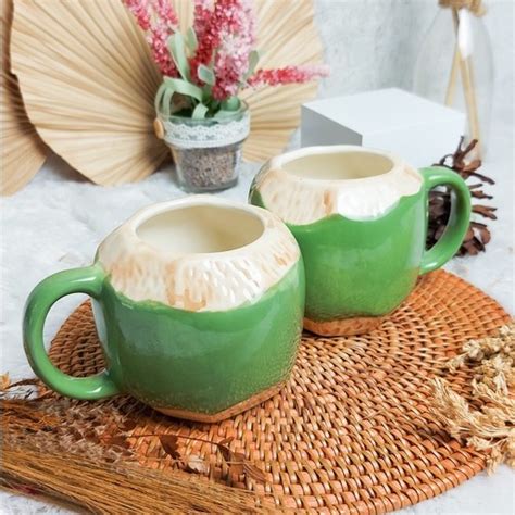 Jual Gelas Kelapa Keramik Mug Kelapa Hijau Unik Cantik Aesthetic