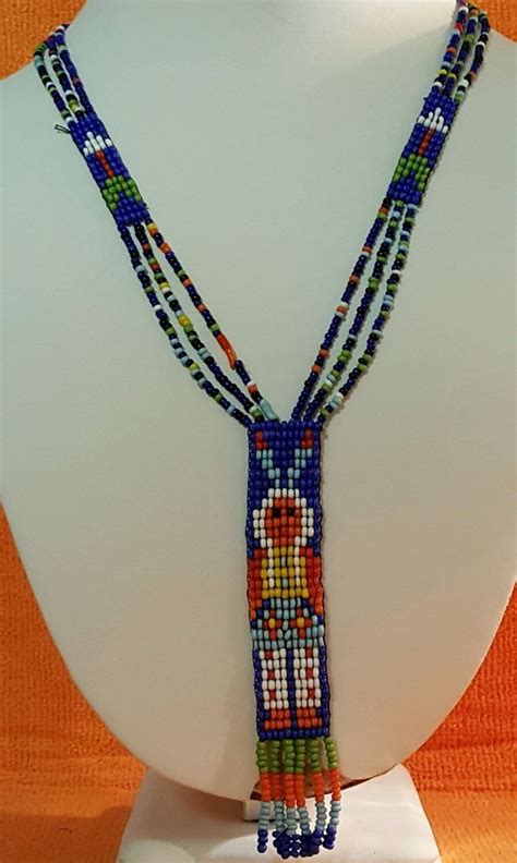 Vintage Seed Beaded Necklace Hand Woven Figural Arrows 1960s Multicolor Collier