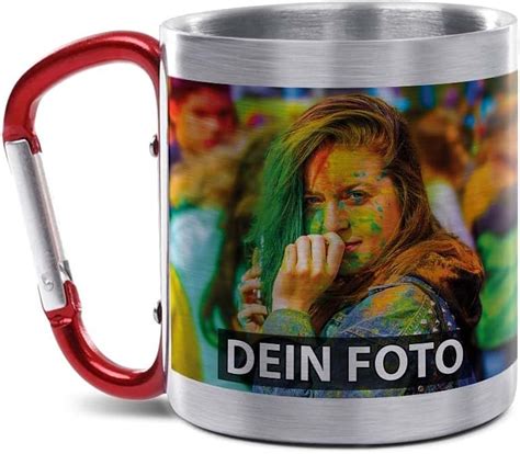 Tassendruck Karabiner Edelstahltasse Mit Foto Und Name Selbst Gestalten Geschenk Für Camper