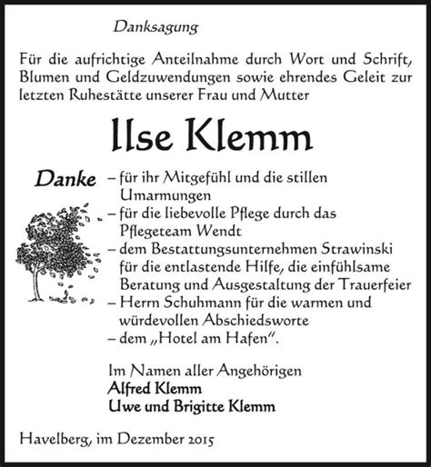 Traueranzeigen Von Ilse Klemm Abschied Nehmen De