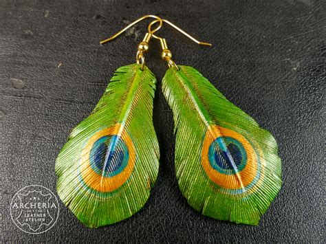 Leather Featherearrings Peacock Tooled Peafowl Feather Etsy Feather