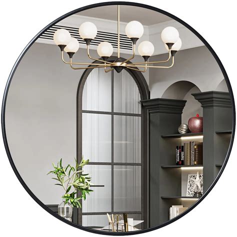 G-LEAF 18 inch Round Mirror, Black Metal Frame Wall Mounted Large