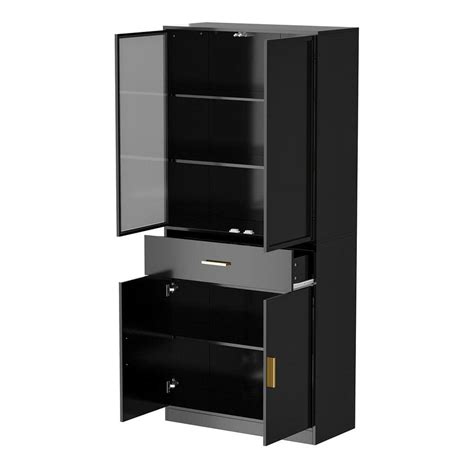 Fufuandgaga Black Glass Doors Wood Storage Cabinet With Open Shelves Drawer And 2 Door Cabinet