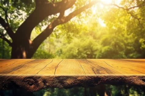 Une Table En Bois Avec Un Arbre En Arrière Plan Photo Premium