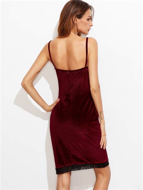 Burgundy Contrast Lace Velvet Slip Dress Shein Sheinside