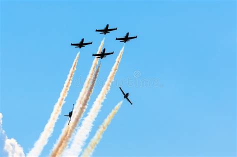 Aircraft Fighter Jets Smoke The Background Of Sky And Sun Stock Image