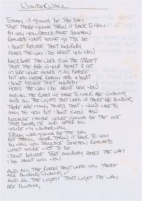 Oasis: Noel Gallagher Handwritten Lyrics for 'Wonderwall'