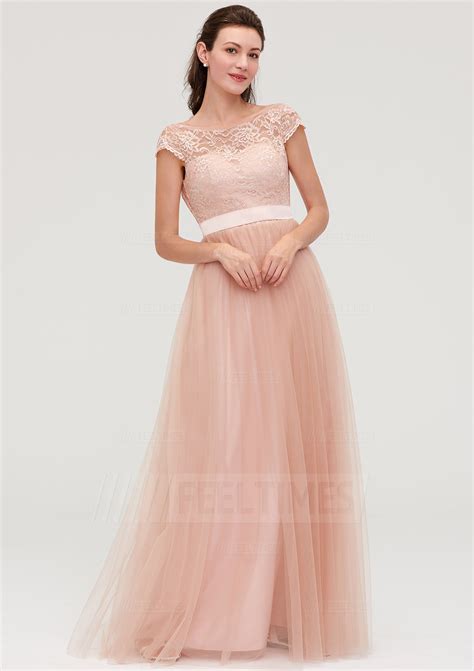 A Line Princess Bateau Sleeveless Long Floor Length Tulle Bridesmaid