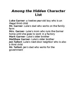 Among the Hidden Character List by Little Reading Coach | TPT