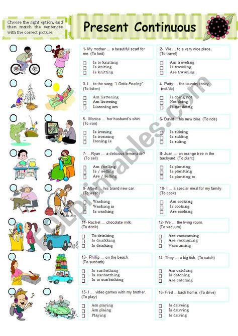 Present Continuous Multiple Choice And Matching Esl Worksheet By Welch