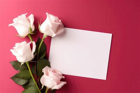 Tarjeta Blanca En Blanco Sobre Fondo Rosa Con Postal De Rosas Rojas Ia