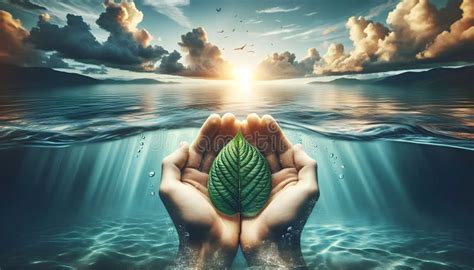 Photo Realistic As Hand Holding A Cut Leaf Above Water Concept As A