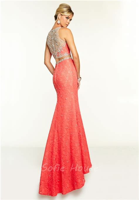 Elegant Mermaid Sleeveless Two Piece Coral Lace Beaded Prom Dress