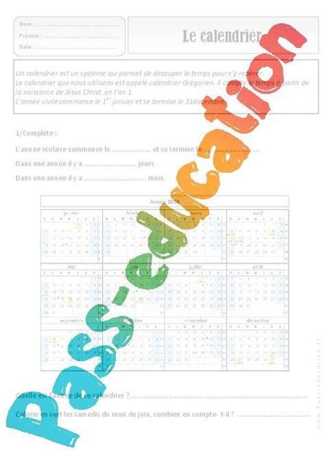 Calendrier Ce1 Exercices Espace temps Cycle 2 PDF à imprimer