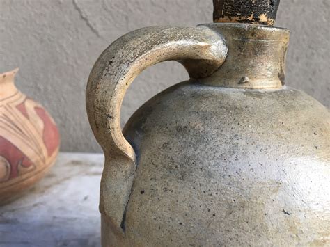 Antique Whiskey Jug With Cork Speckled Stoneware Crock Primitive Decor