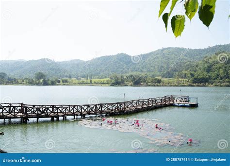 Long Wooden Bridge Across Lake Stock Photo Image Of Hanging Wooden