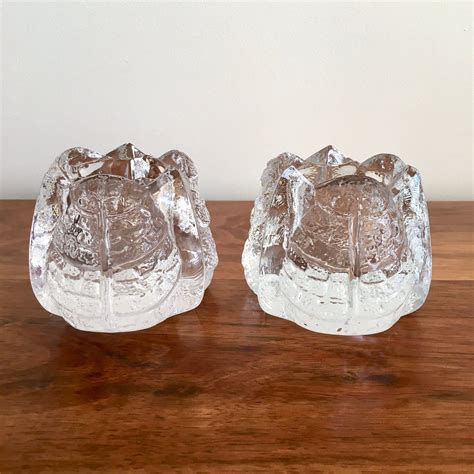 Orrefors Leaf Glass Votive Candle Holders Swedish Scandinavian Art Glass Tea Light Holders