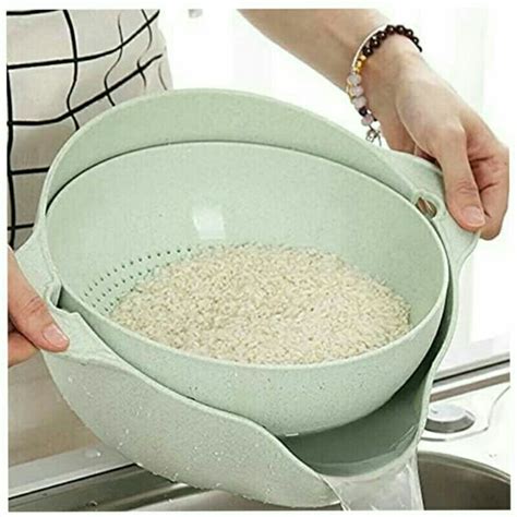 Double Kitchen Drain Basket Bowl Rice Washing Colander Baskets Kitchen