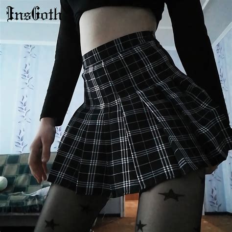 Insgoth Harajuku High Waist Mini Skirts Women Gothic Punk Plaid Print