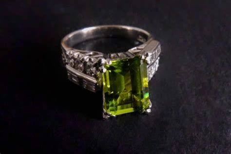 Vintage Platinum Peridot Ring, Emerald Cut | Gem Gardener