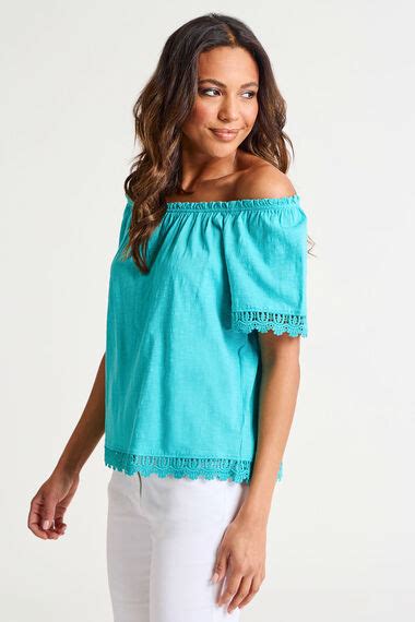 Short Sleeve Jersey Bardot Top With Lace Trim Bonmarché