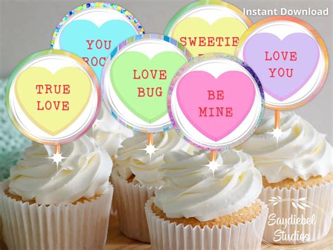 Valentine S Day Cupcake Toppers Conversation Heart Cupcake Toppers Valentine Party Favors