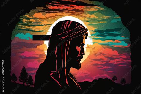 silhouette of jesus with cross over rainbow sunset, AI Generative Stock ...