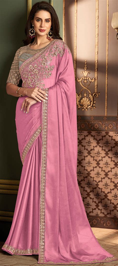 Festive Traditional Wedding Pink And Majenta Color Silk Fabric Saree