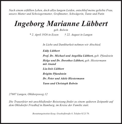 Ingeborg Marianne L Bbert Traueranzeige Cuxhavener Nachrichten