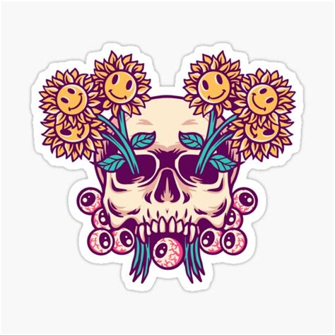 Skull Sun Flowers Illustration Sticker For Sale By Sabdatinta Redbubble