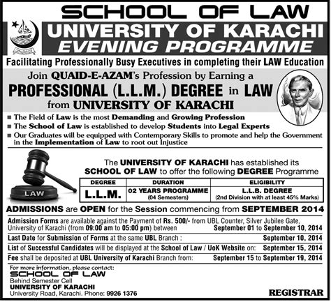 School Of Law University Of Karachi Llb Admission 2016 Form List