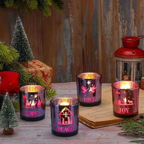 4 Pcs Christmas Advent Votive Candle Holders Nativity Scene Glass