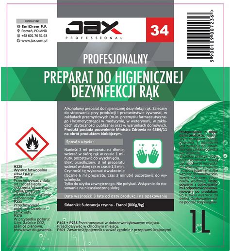 Jax Professional Super Płyn Do Dezynfekcji Odkażania Rąk Jax 34 5L