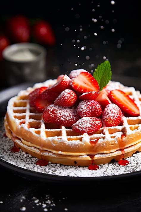 Waffle Topped With Strawberries And Powdered Sugar Generative AI Stock