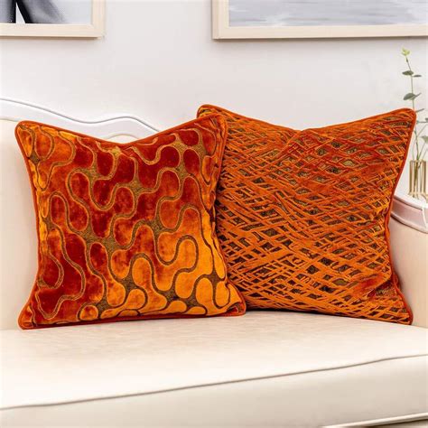 Yangest Burnt Orange Velvet Geometric Square Throw Pillow Cover Wavy