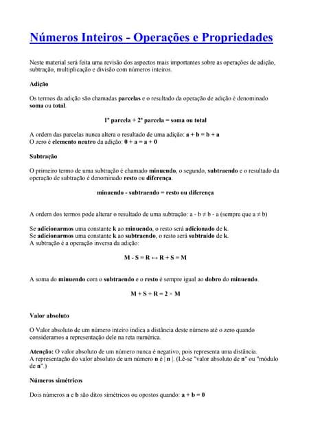 Operacoes E Propriedades - +Números inteiros operações e propriedades | DOCX