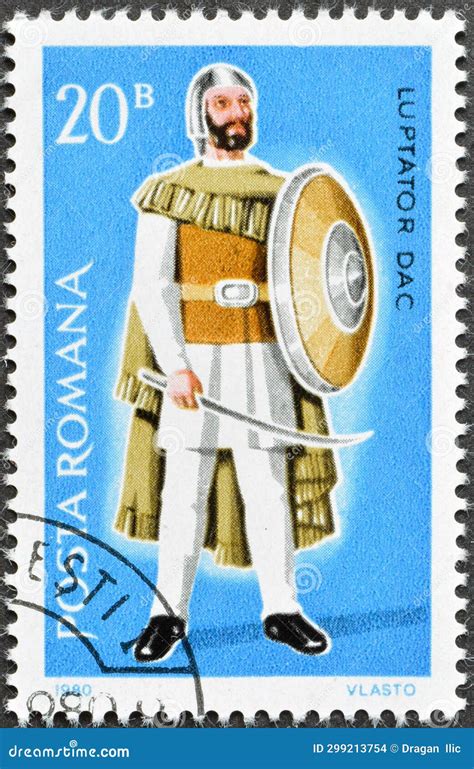 Cancelled Postage Stamp Printed By Romania That Shows Dacian Warrior