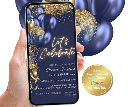 Electronic Navy Gold Birthday Party Invitation Navy Blue Gold Balloons Phone Text Message