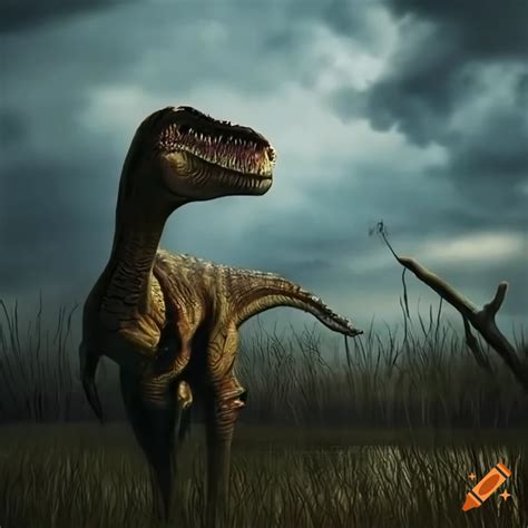 Detailed Artwork Of Two Baryonyx Dinosaurs In A Marshland With Storm