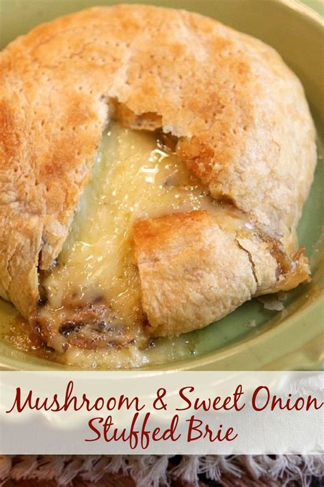 Mushroom And Sweet Onion Stuffed Brie On A Green Plate
